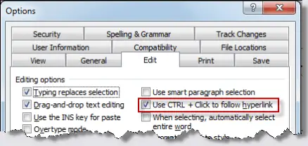 Where to find Word option for clicking hyperlinks