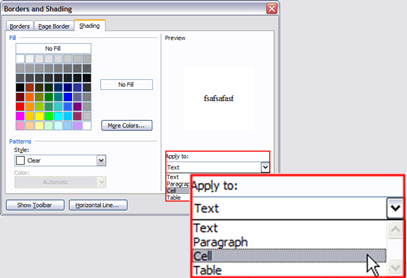 Apply to options in Borders and Shading