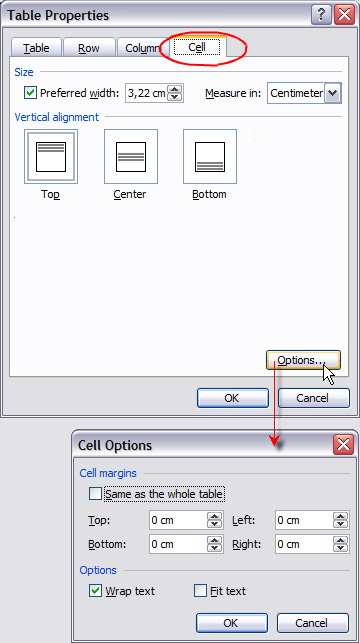 Table Properties, Cell Options
