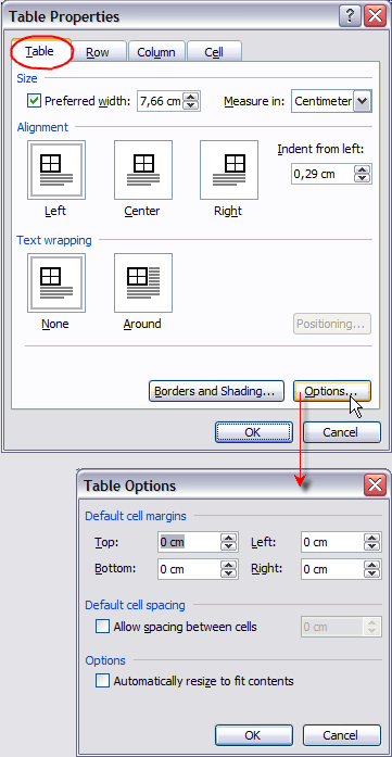 Table Properties, Table Options