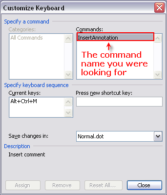 Customize Keyboard dialog box
