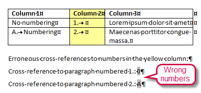 Word cross-reference problems - Cross-reference fields to numbered items in table cells refer to the wrong numbers - example 1