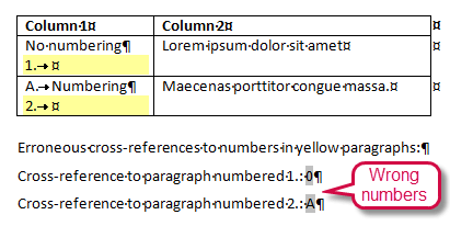 Word cross-reference problems - Cross-reference fields to numbered items in table cells refer to the wrong numbers - example 2