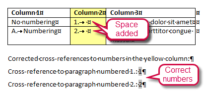 Cross-reference field shows wrong number because the bookmakr encloses the entire row instead of the cross-reference paragraph only