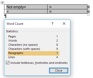 Word and VBA results - counting selected paragraphs - including a cell with a single paragraph