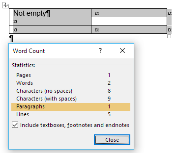Word and VBA results - counting selected paragraphs - including a cell with two paragraphs but only one with text