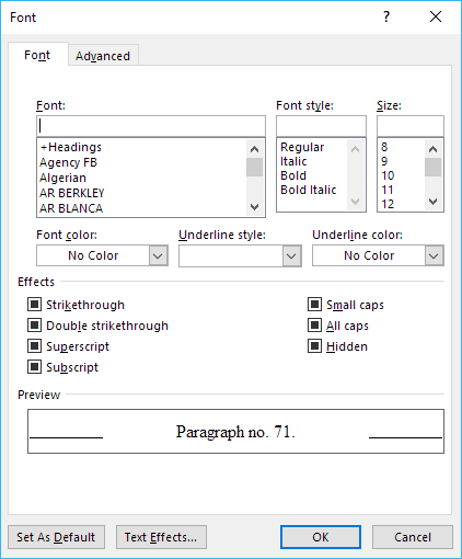 Font dialog box showing blank and grayed out values only