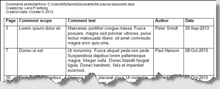 Example of comments extracted to a new document