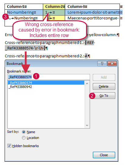 Cross-reference field shows wrong number because the bookmark encloses the entire row instead of the cross-referenced paragraph only
