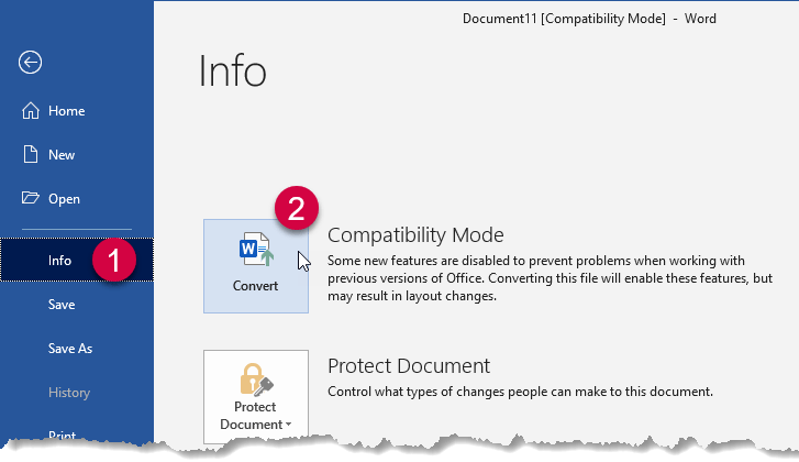 To convert a document to the current version, select File > Info and click Convert.