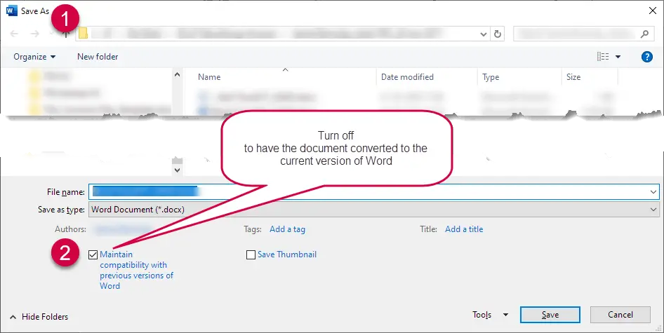 In the Save As dialog box, turn off Maintain compatibility with previous versions of Word