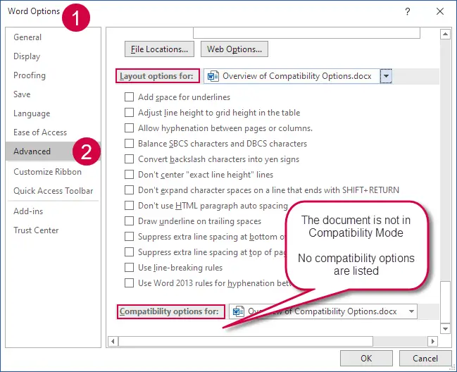 The layout options and compatibility options in Word 2007 and later versions are found near the bottom of the Word Options dialog box > Advanced category