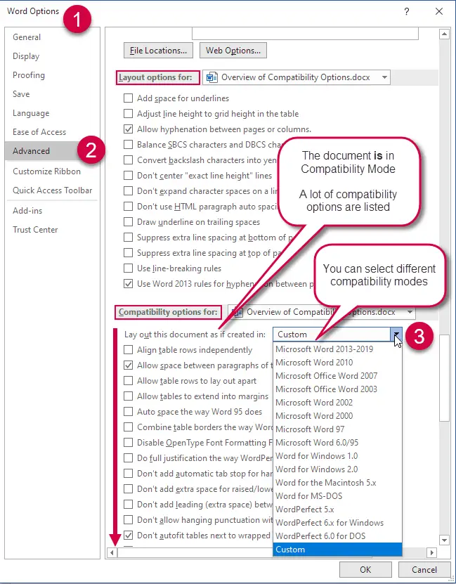 In Word 2013 and newer versions, extra compatibility options appear for documents in compatibility mode