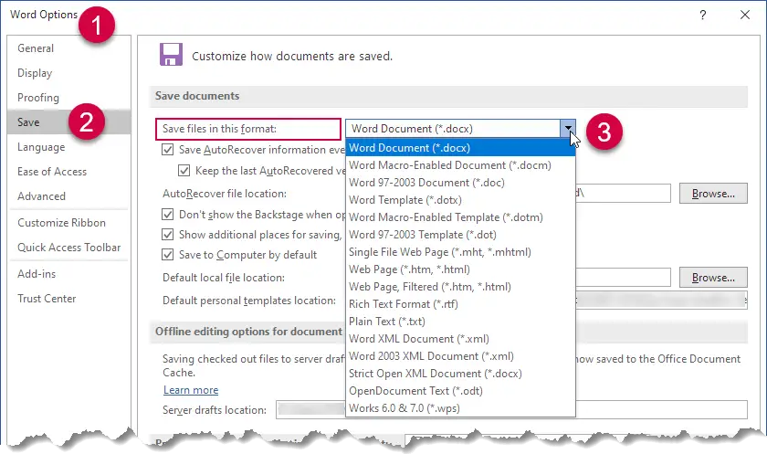 Set Save files in this format to the first option to have all new documents saved in .docx format compatible with your current version of Word