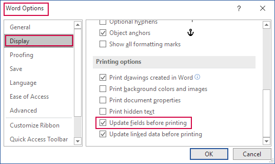 Word Options - Update fields before printing