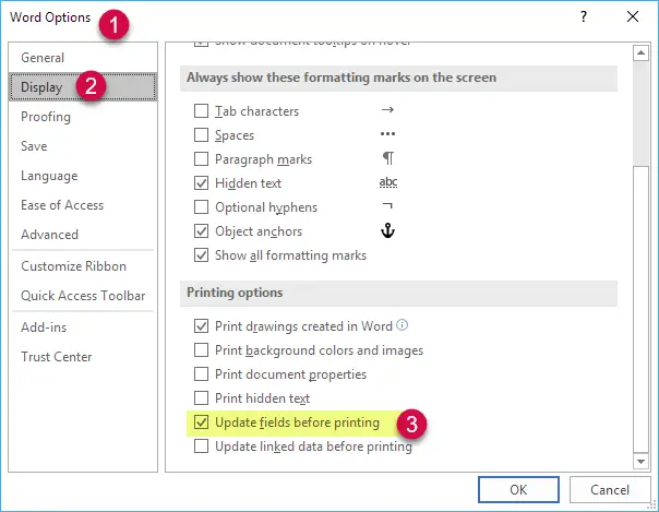 Update fields in Word - make sure fields are updated when printing
