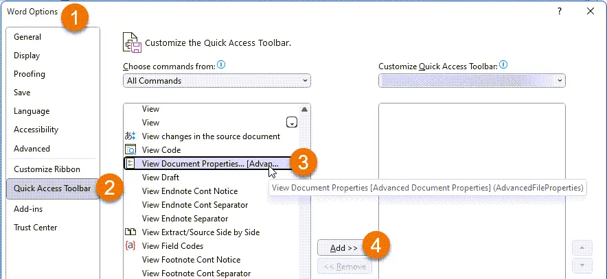 How to add the Properties dialog box to the QAT via the Options dialog box in Word