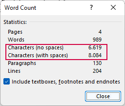 The Word Count dialog box shows the character count bot with and without spaces. The dialog box also shows counts of pages, words, paragraphs, and lines