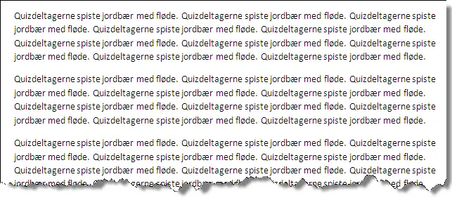 Resultat i dansk version af Word af =rand.old() er en dansk tekst, som representerer de fleste bogstaver i alfabetet