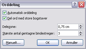 Dialogboksen Orddeling (Hyphenation)