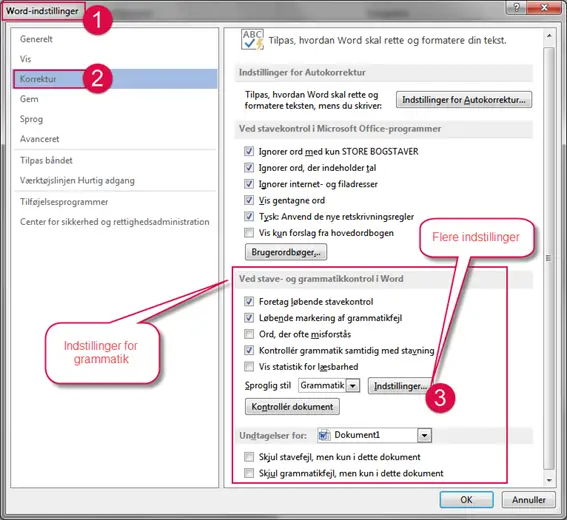 Sådan finder du indstillinger for grammatik i Word