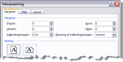 Dialogboksen Sideopsætning – margener sat til 0 (nul) – test udskriv til kant