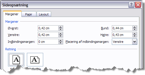 Dialogboksen Sideopsætning viser, hvor tæt din printer kan skrive til kant, når du har lavet testen ovenfor