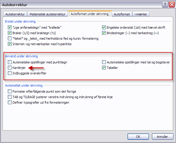 Dialogboksen Autokorrektur (AutoCorrect)