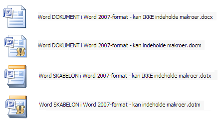 Word-skabeloner og Word-dokumenter, ikoner for filtyper i Word 2007 og 2010
