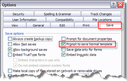 Figur 1. Engelsk version af Word 2003. Indstilling for gemning af Word-skabelonen Normal.dot(m)