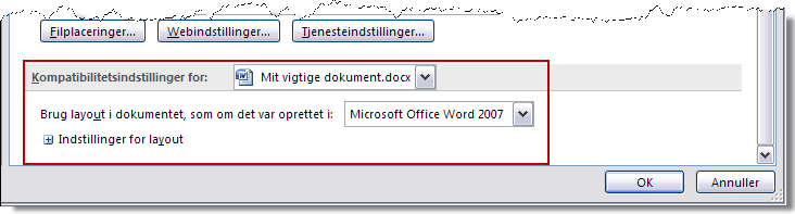 Adgang til indstillinger for kompatibilitet i Word 2007 og Word 2010.