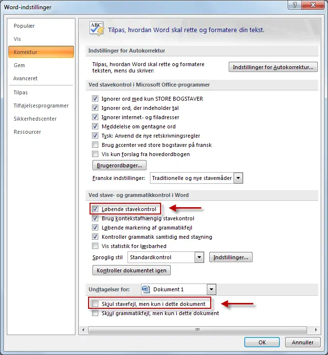 Indstillinger for stavekontrol - Word 2007 og senere versioner