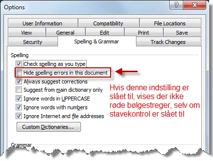 Indstillinger for stavekontrol - Word 2003