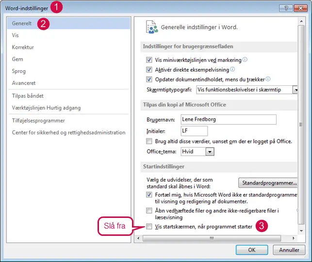 Word 2013 - slå startskærm fra