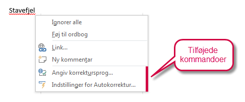 DocTools AddAutoCorrect 2013 føjer Angiv korrektursprog og Indstillinger for Autokorrektur til højrekliksmenuen