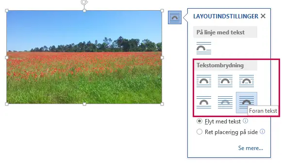 Billed indsat med anden ombrydning end På linje med tekst, dvs. at billedet er i  Words tegnelag.