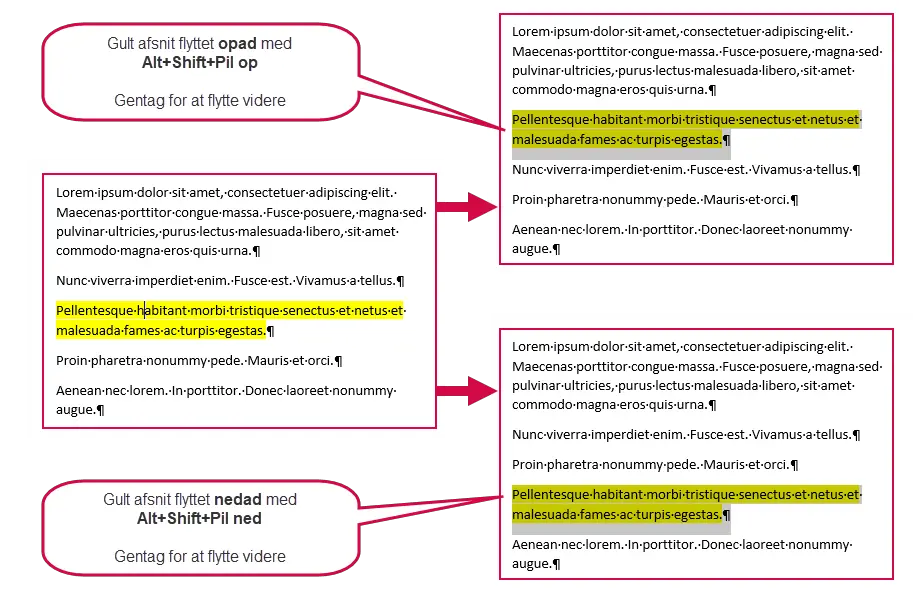 Eksempel – flyt indhold i Word med Alt+Shift+Pil op eller Alt+Shift+Pil ned