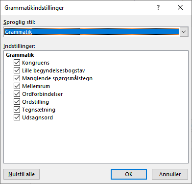 Grammatikindstillinger – Word 2016 og Word 2019