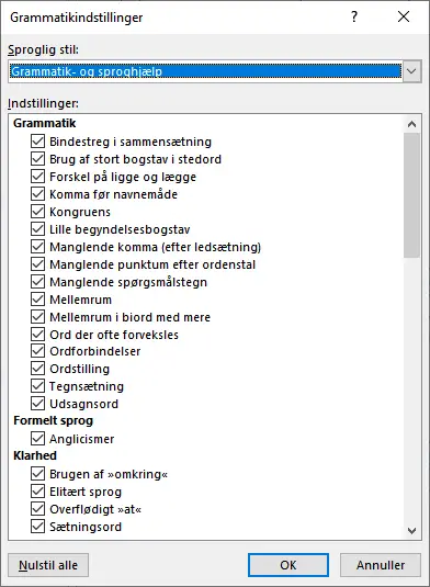 Grammatikindstillinger - Word til Microsoft 365