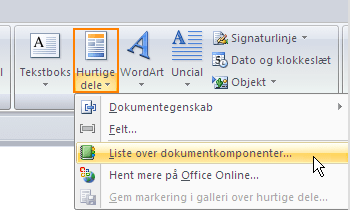 Adgang til hurtige dele (building blocks) i Word 2007 og Word 2010