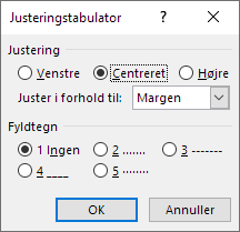 Dialogboksen Justeringstabulator (hedder Fanen Justering i Word 2007 og 2010)