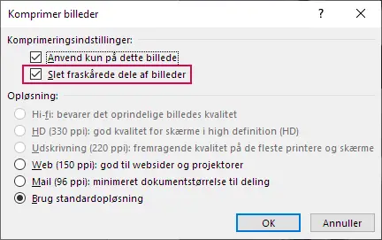 Dialogboksen Komprimer billeder