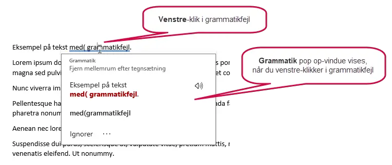 Eksempel på pop op-vindue, som vises ved venstre-klik i grammatikfejl i Word