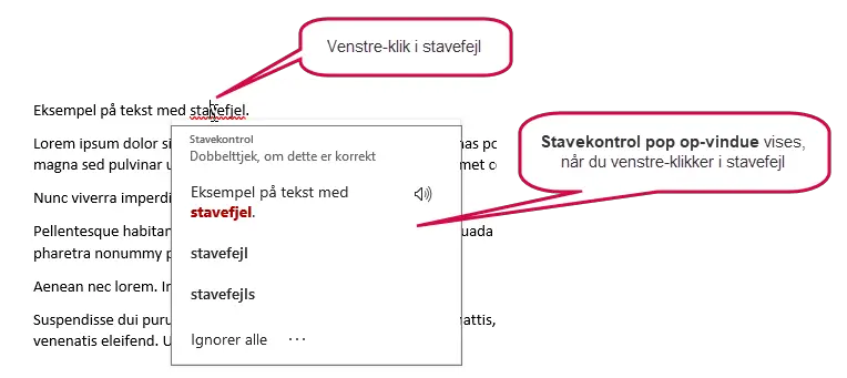 Eksempel på pop op-vindue, som vises ved klik i stavefejl i Word