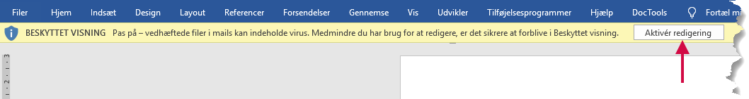 En gul bjælke med tekst BESKYTTET VISNING vises i nogle Word-dokumenter, når de åbnes