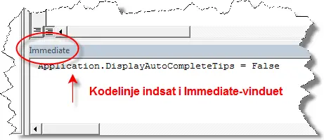 Kodelinje indsat i Immediate-vinduet