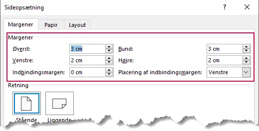 Du kan ændre margener via fanen Margener i dialogboksen Sideopsætning – her er øverste del af fanen vist