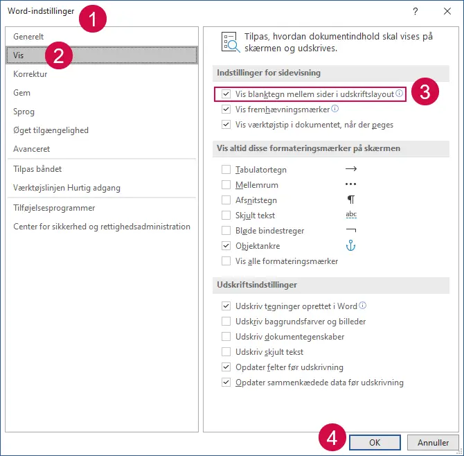 Indstillingen Vis blanktegn mellem sider i udskriftslayout findes via Filer > Indstillinger > kategorien Vis > Indstillinger for sidevisning