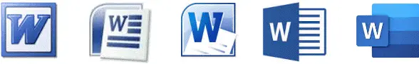 Word-ikoner lanceret i henholdsvis 2003, 2007, 2010, 2013 og 2018.